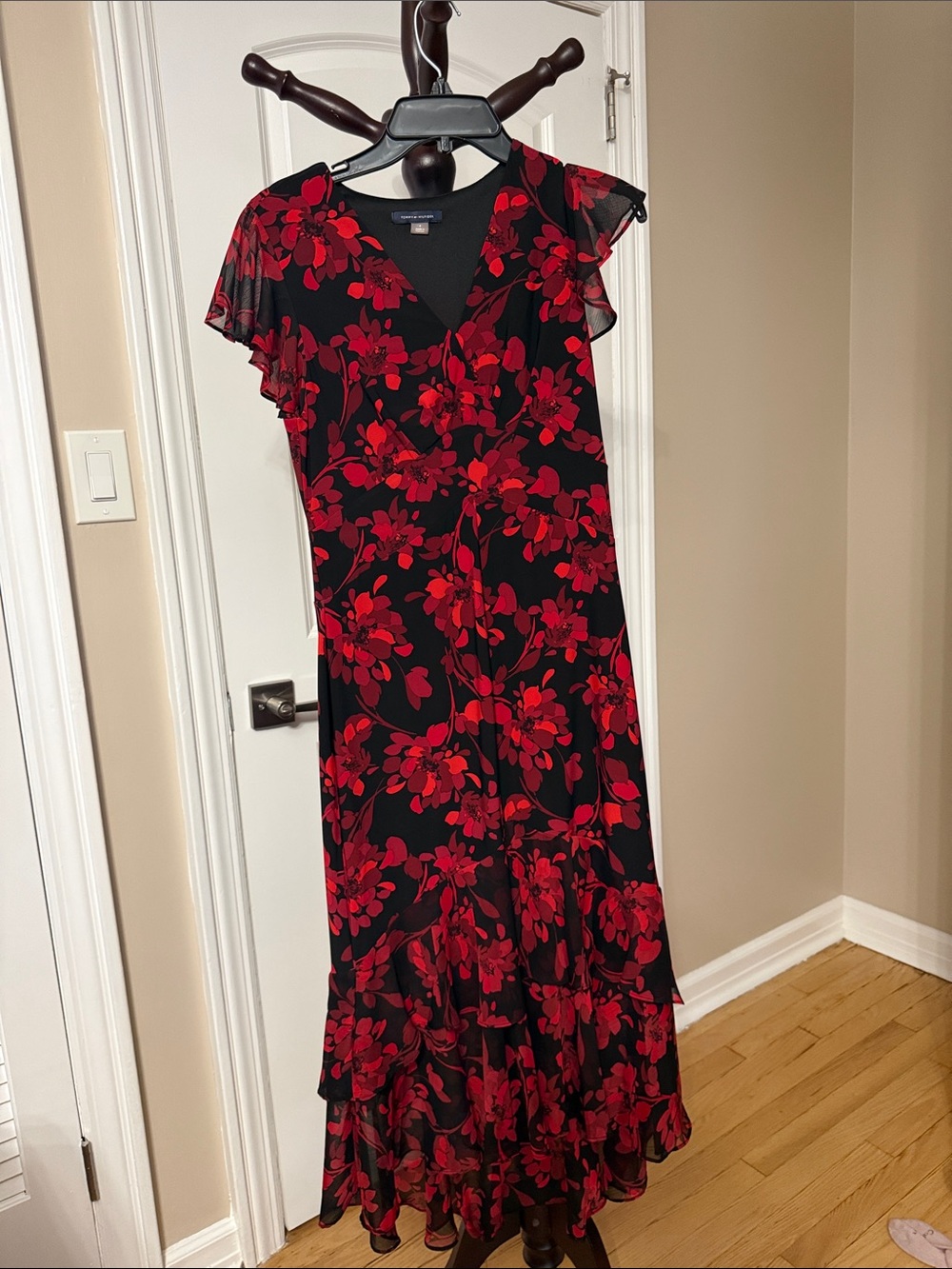 Tommy Hilfiger Black Maxi Dress with Red Floral Print
